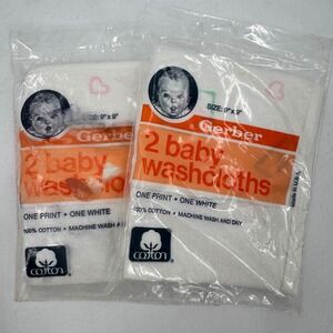 Vintage Gerber 2 Baby Washcloths 1 Print 1 White 100 Cotton Soft Absorbent NOS‎
